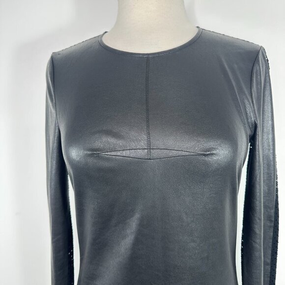 NWT BCBG MAX AZRIA Callan Long Sleeve Faux Leather Mesh Contrast Back Top XXS - Picture 4 of 13